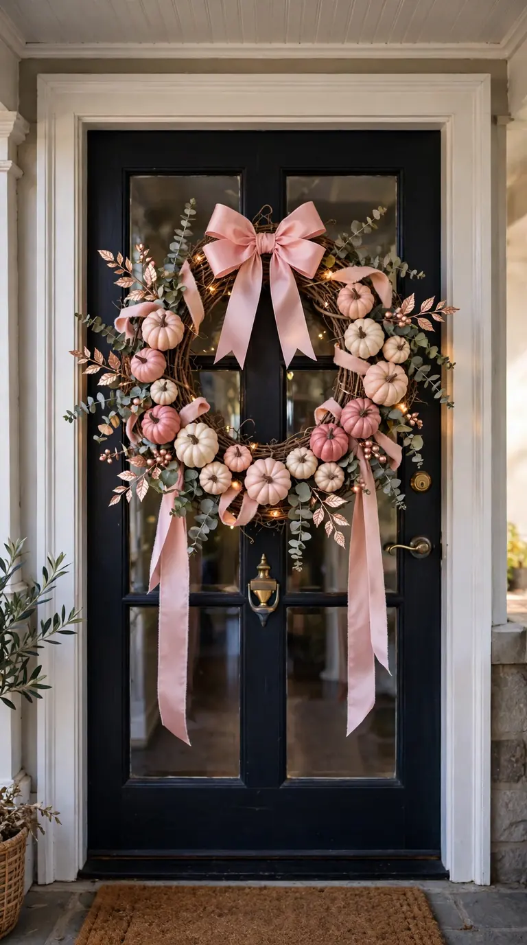 14 Pink Halloween Decor Ideas for a Spooky Pastel Look Blush pumpkin wreath on a front door with pink satin ribbon and warm fairy lights