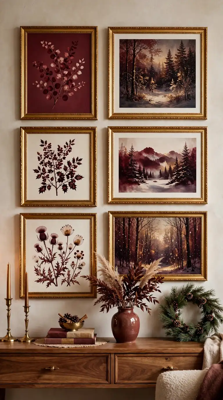 Gallery wall with burgundy-toned holiday prints in gold frames