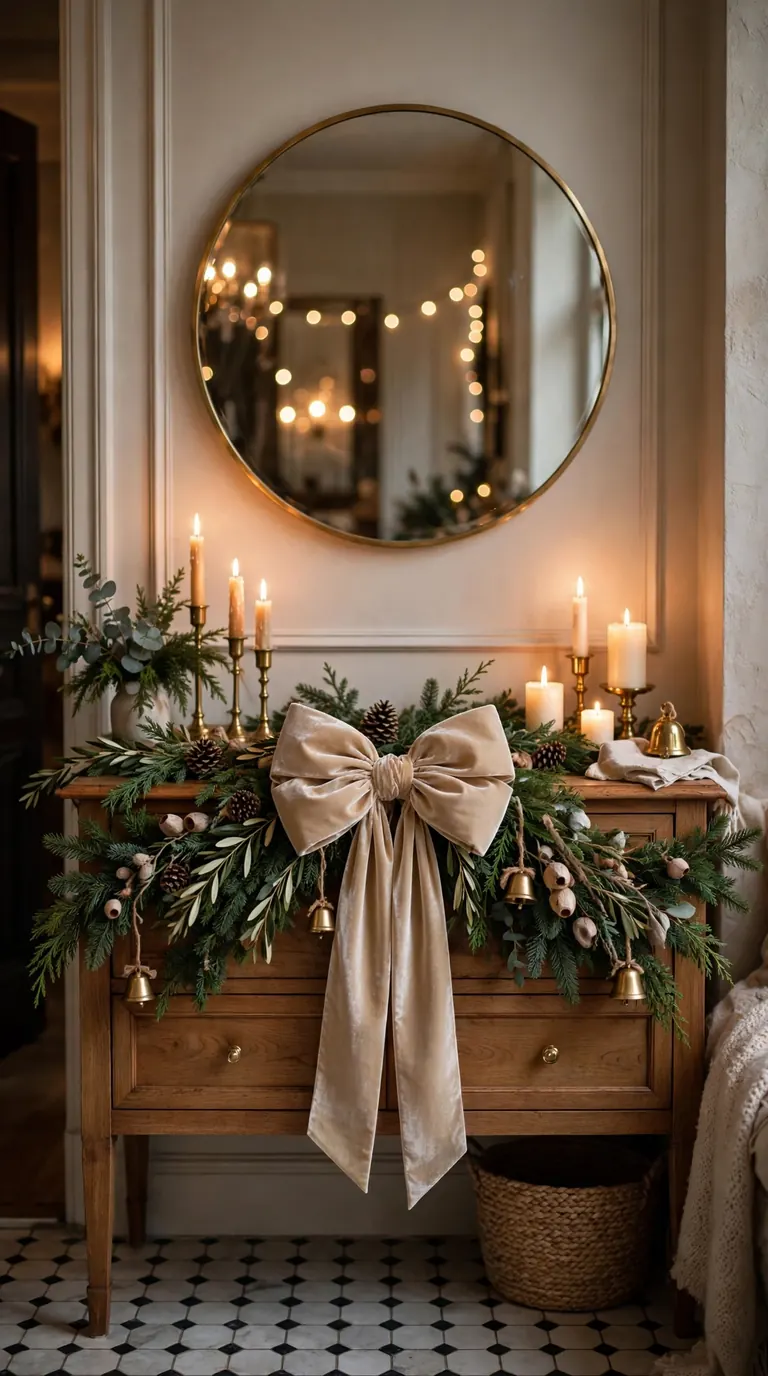 Entryway console with evergreen swag and champagne velvet bow