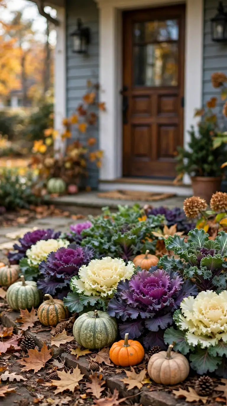 Garden bed with ornamental cabbage, kale, and gourds near a home entrance