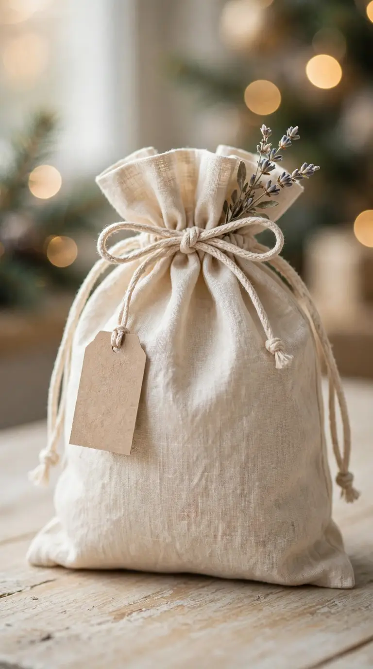 Natural linen drawstring gift bag with kraft tag