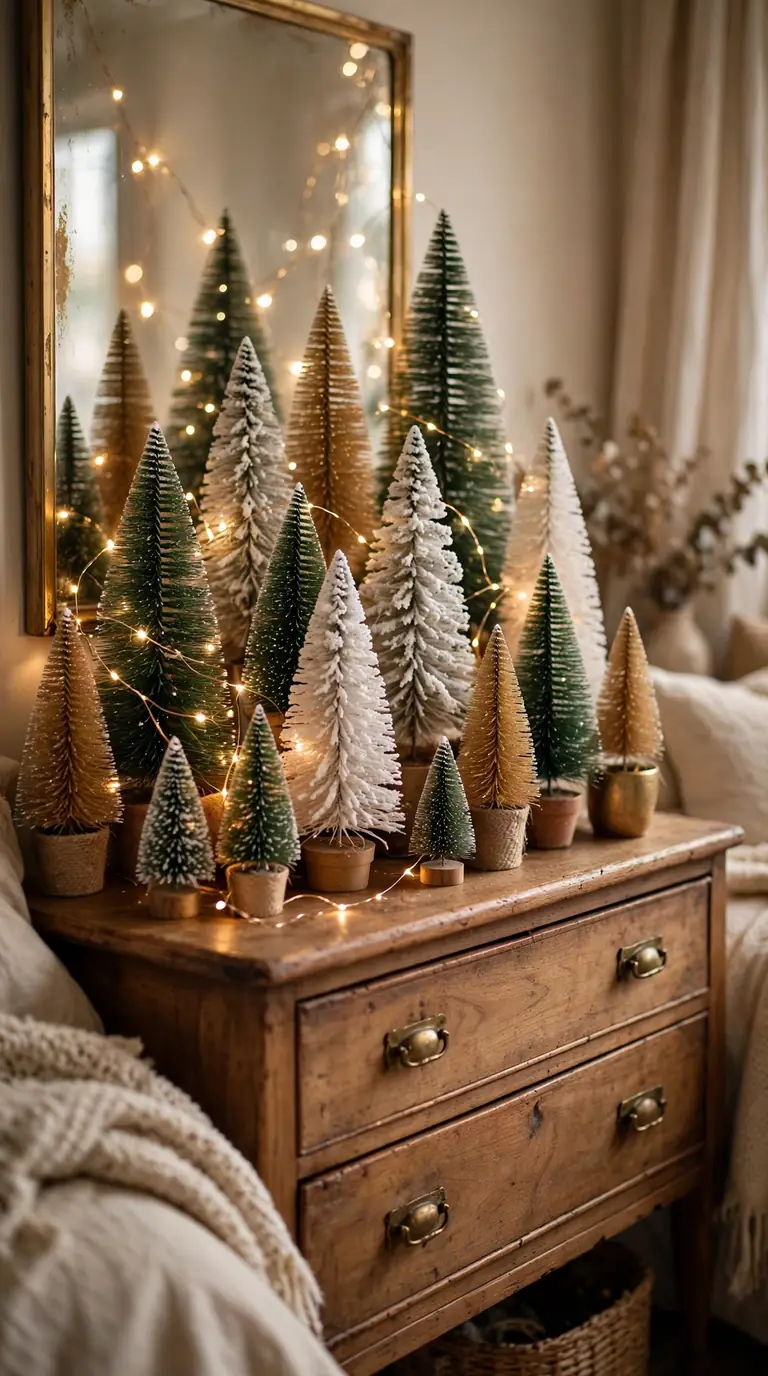 17 Christmas Bedroom Decor Ideas for a Cozy Holiday Retreat Dresser styled with mini bottle-brush Christmas trees and lights