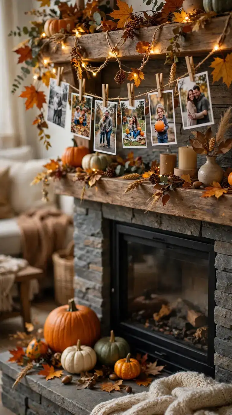 16 Thanksgiving Fireplace Decor Ideas for a Cozy Family Gathering Thanksgiving fireplace mantel with a photo garland, fairy lights and pumpkins