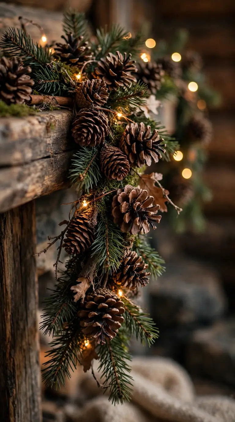 Rustic pinecone Christmas garland with warm fairy lights on a mantel