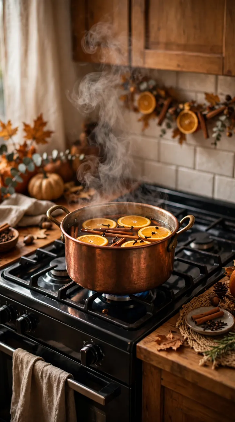 Copper pot on a kitchen stove with orange slices, cinnamon sticks, and cloves simmering for Thanksgiving