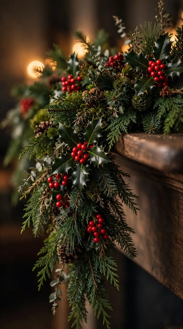 Red berry and holly Christmas garland draped over a mantel edge