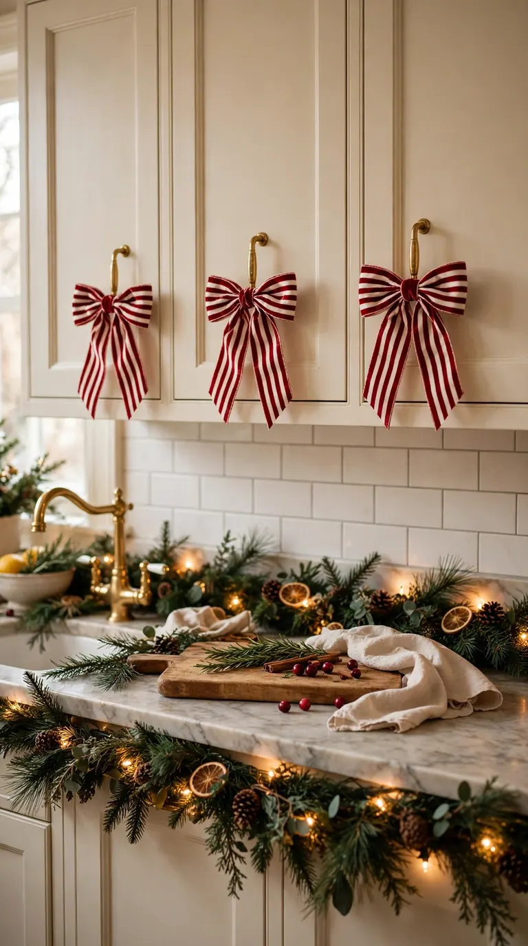 Kitchen cabinets decorated with red and white striped velvet bows