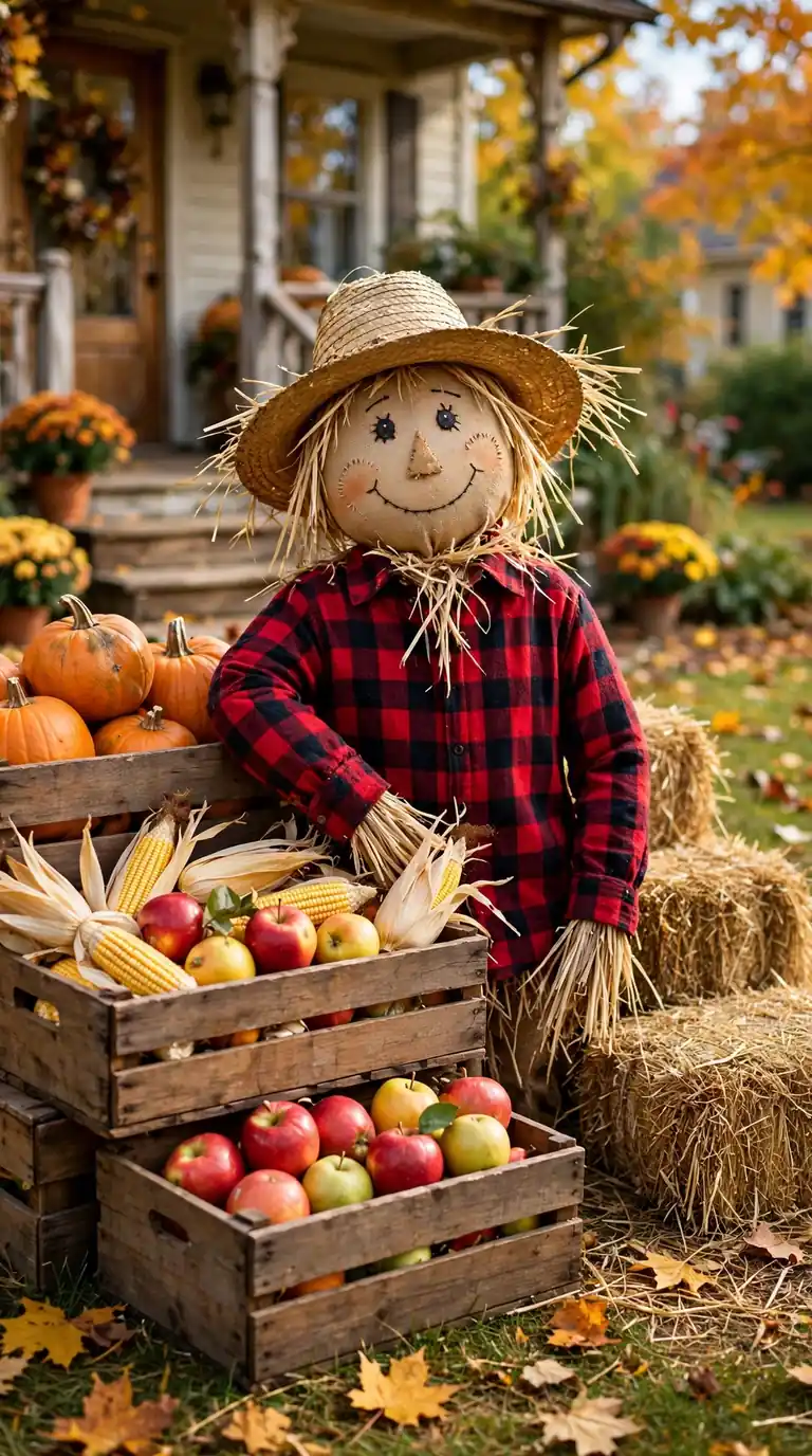 Front yard harvest scene with scarecrow, crates, and pumpkins