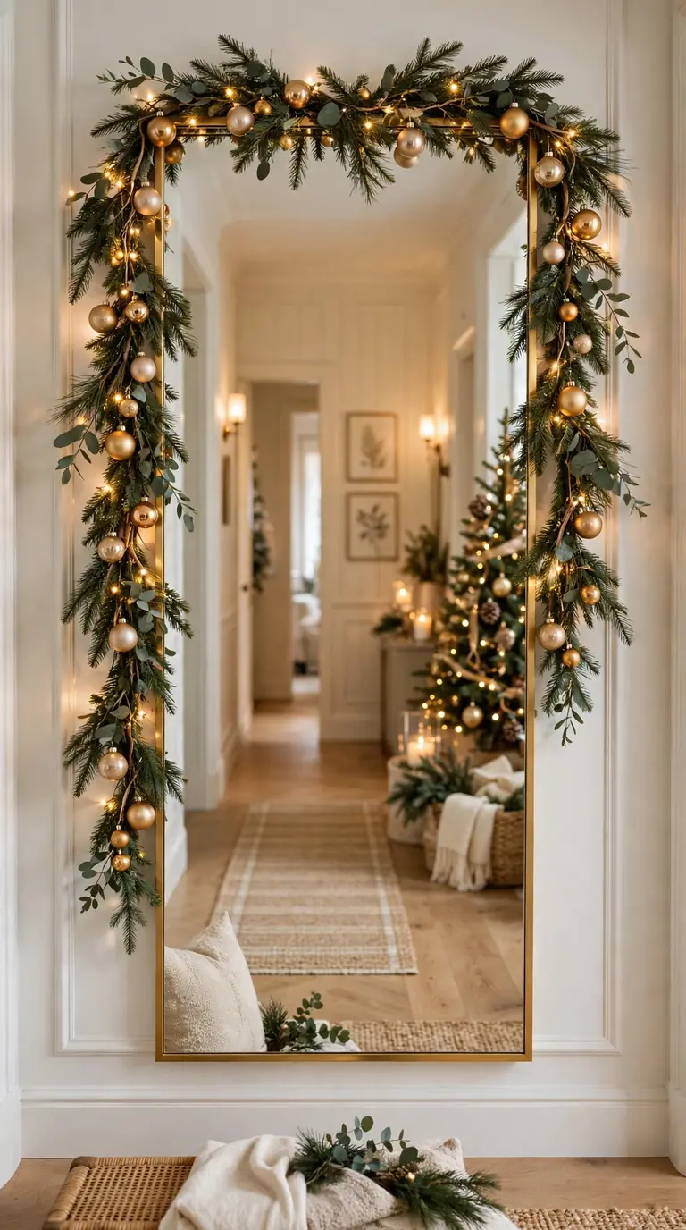16 Christmas Hallway Decor Ideas for a Magical Holiday Welcome Hallway mirror framed with garland and baubles for Christmas