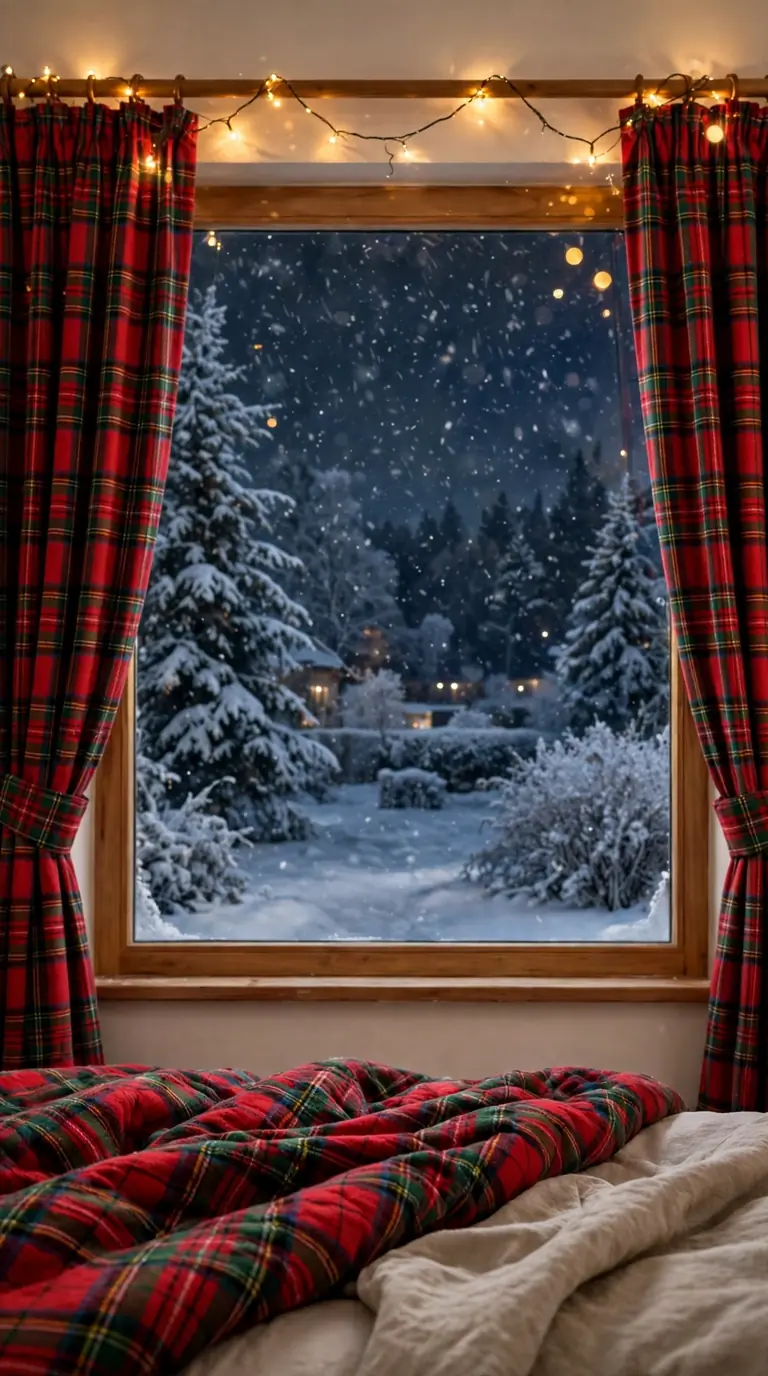 17 Christmas Bedroom Decor Ideas for a Cozy Holiday Retreat Plaid curtains and fairy lights on a bedroom window at night