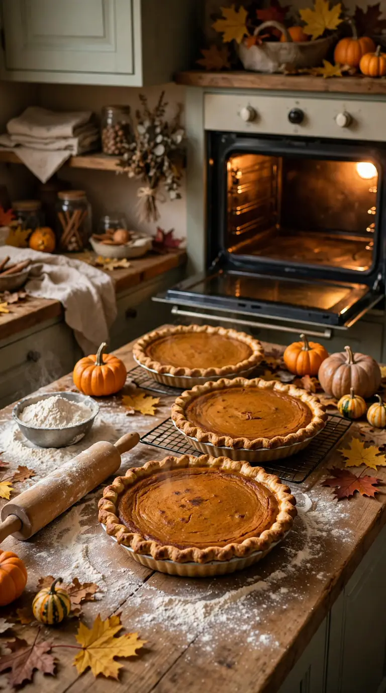 Thanksgiving baking station with pumpkin pies, rolling pin, and fall leaves on a wooden kitchen counter