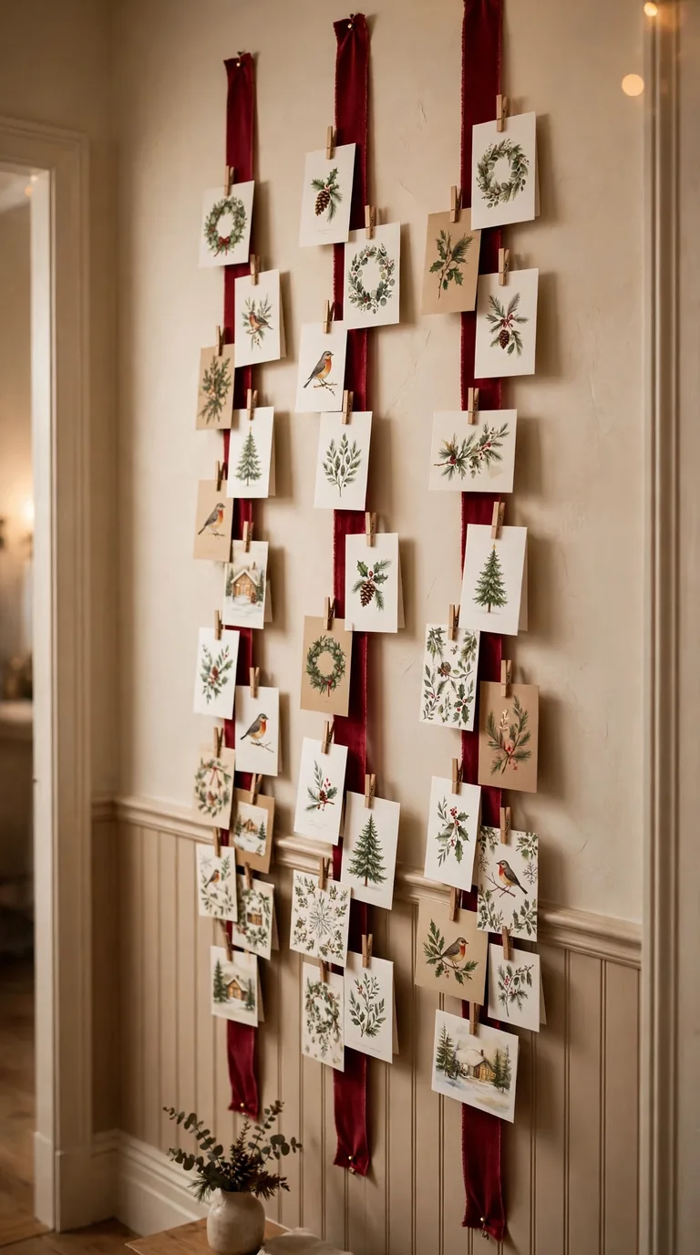 16 Christmas Hallway Decor Ideas for a Magical Holiday Welcome Christmas cards clipped along ribbons on a hallway wall display