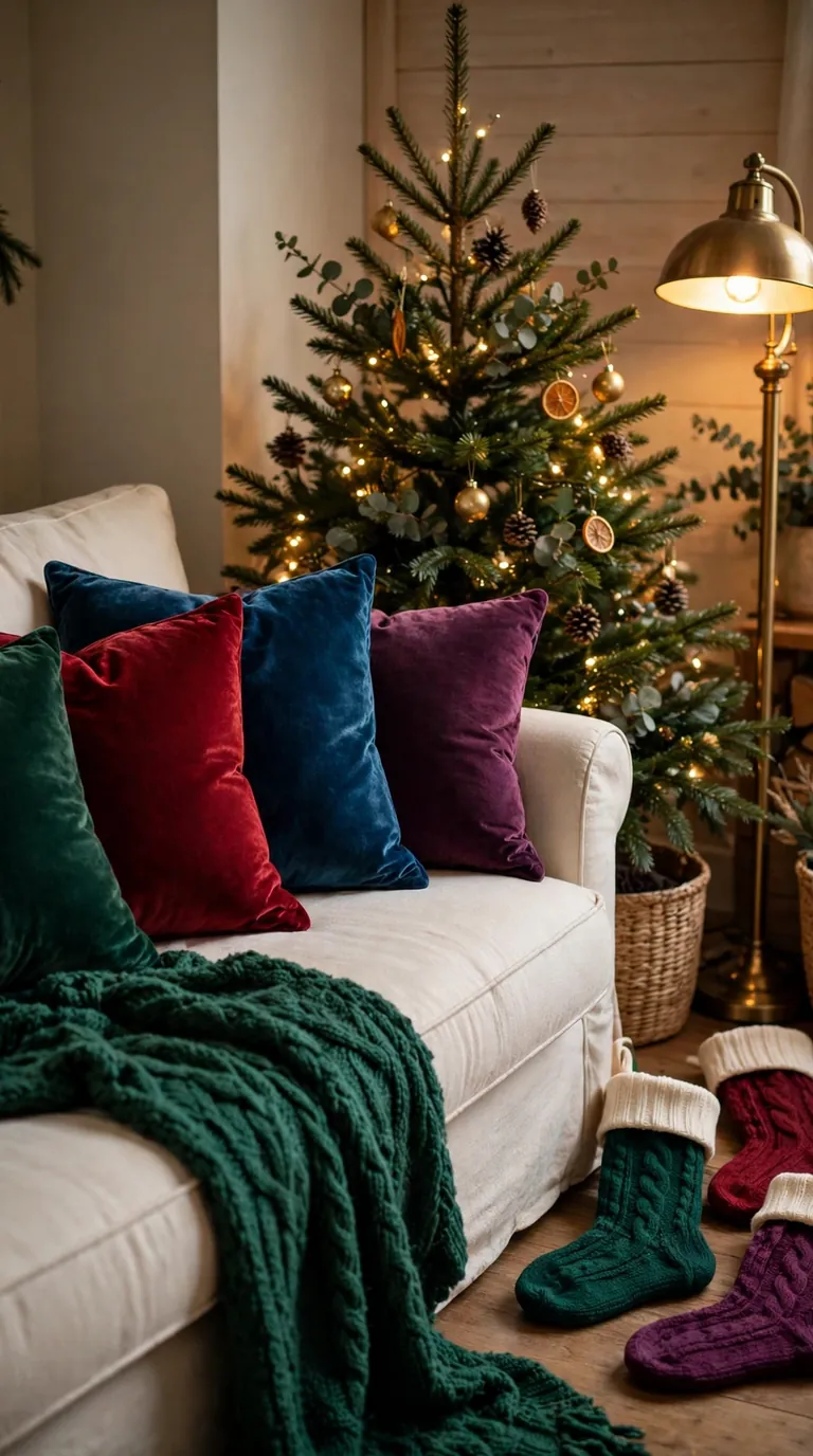 Living room with jewel tone velvet cushions and emerald throw