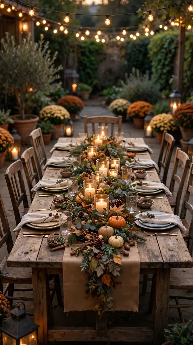 Patio Thanksgiving feast setup with long table, string lights, and harvest decor