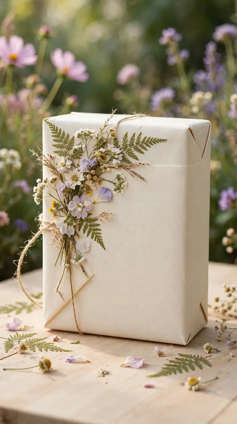 Kraft paper gift decorated with pressed flowers