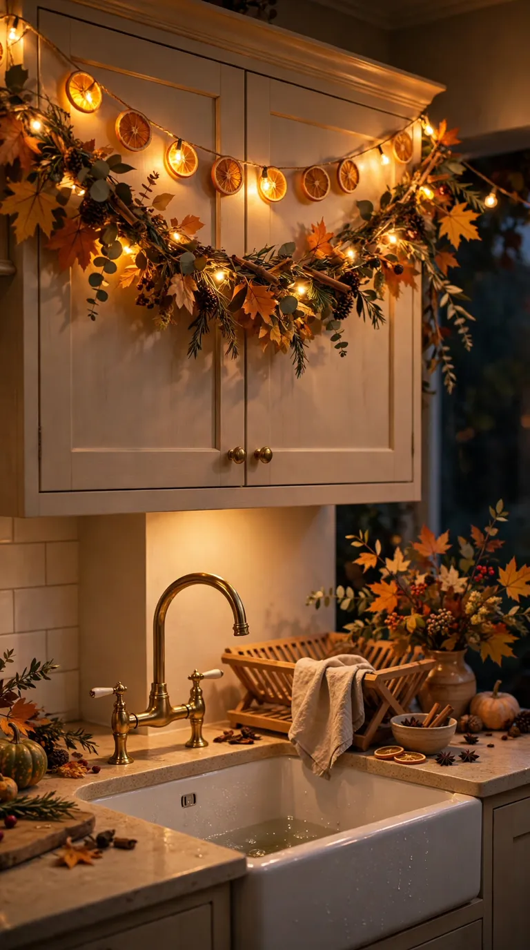 Warm string lights and dried orange slice garland draped over kitchen cabinets above a sink