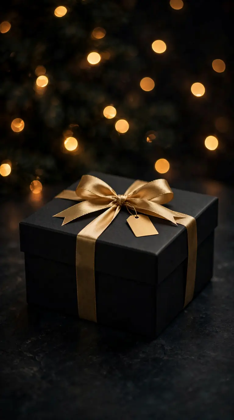 Black gift box with gold ribbon and calligraphy tag