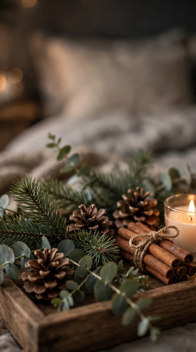 17 Christmas Bedroom Decor Ideas for a Cozy Holiday Retreat Natural pine, eucalyptus, pinecones and candle on a wooden tray