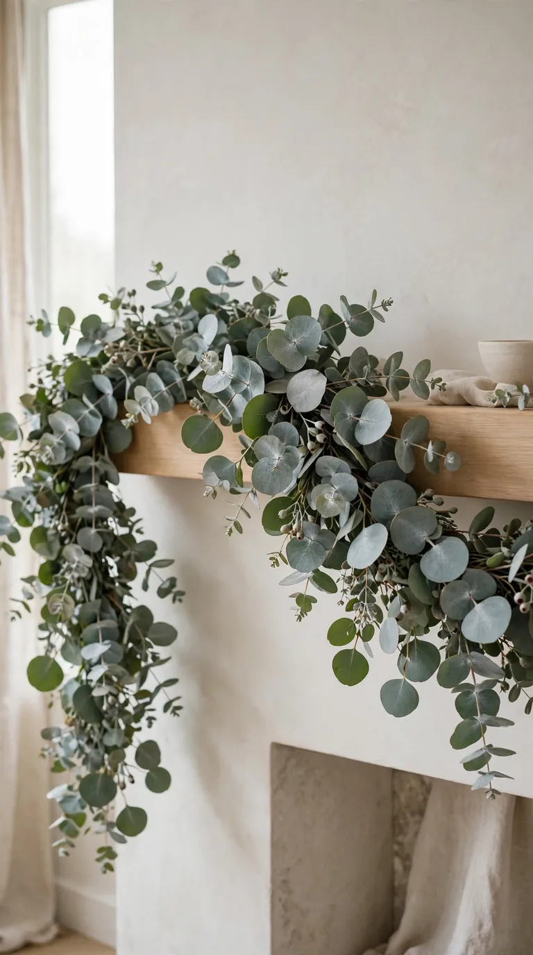 Fresh eucalyptus Christmas garland with silver-dollar leaves on a mantel