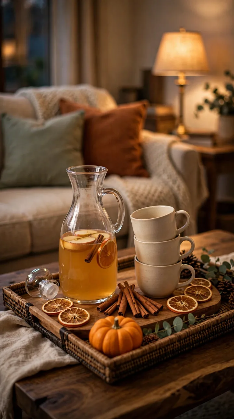 Thanksgiving drinks tray with cider mugs and carafe on a living room coffee table