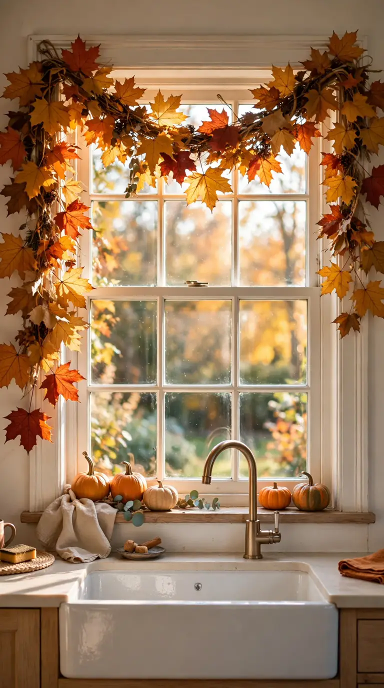 Autumn leaf garland in orange, red, and gold draped over a kitchen window above the sink