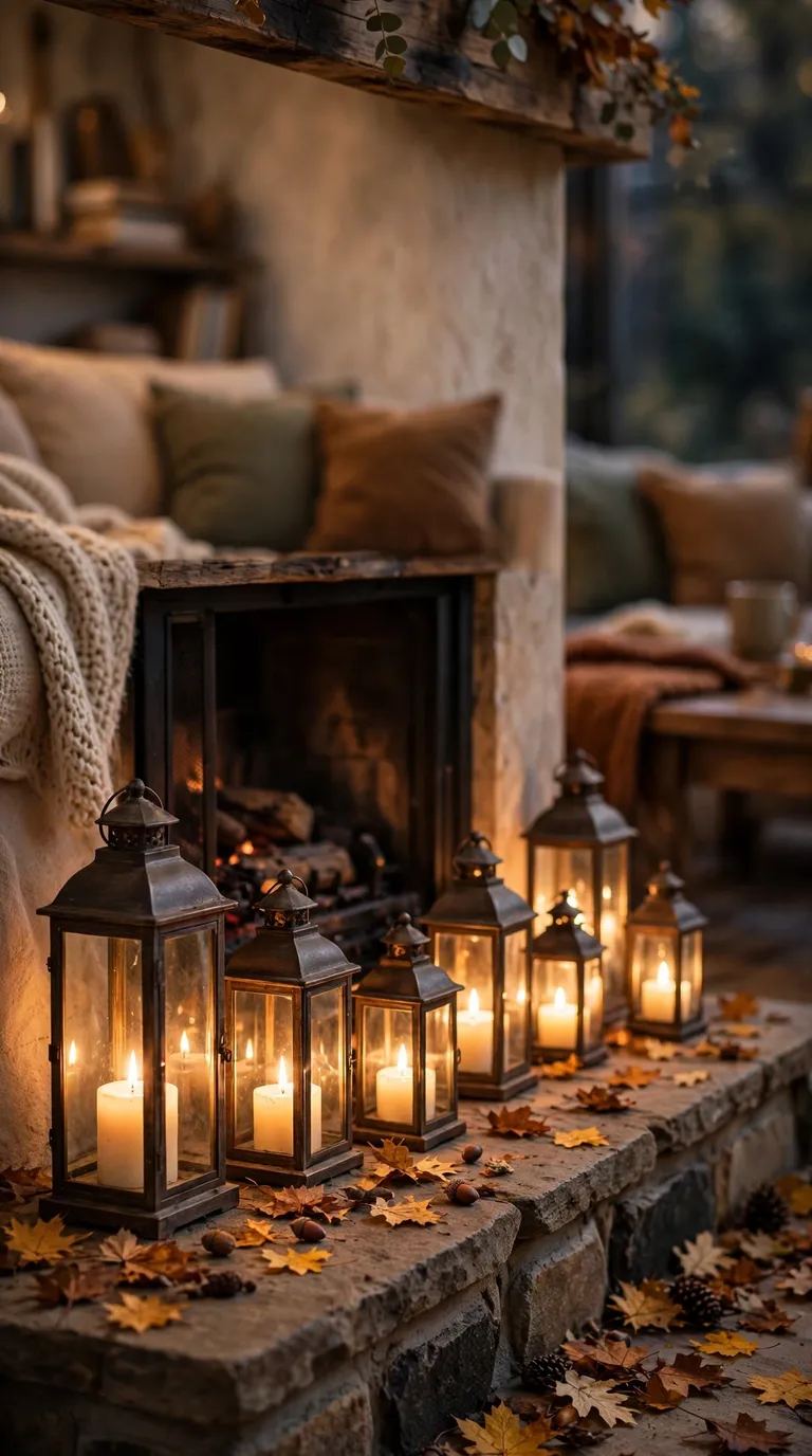 16 Thanksgiving Fireplace Decor Ideas for a Cozy Family Gathering Fireplace hearth lined with glowing candle lanterns for Thanksgiving evening