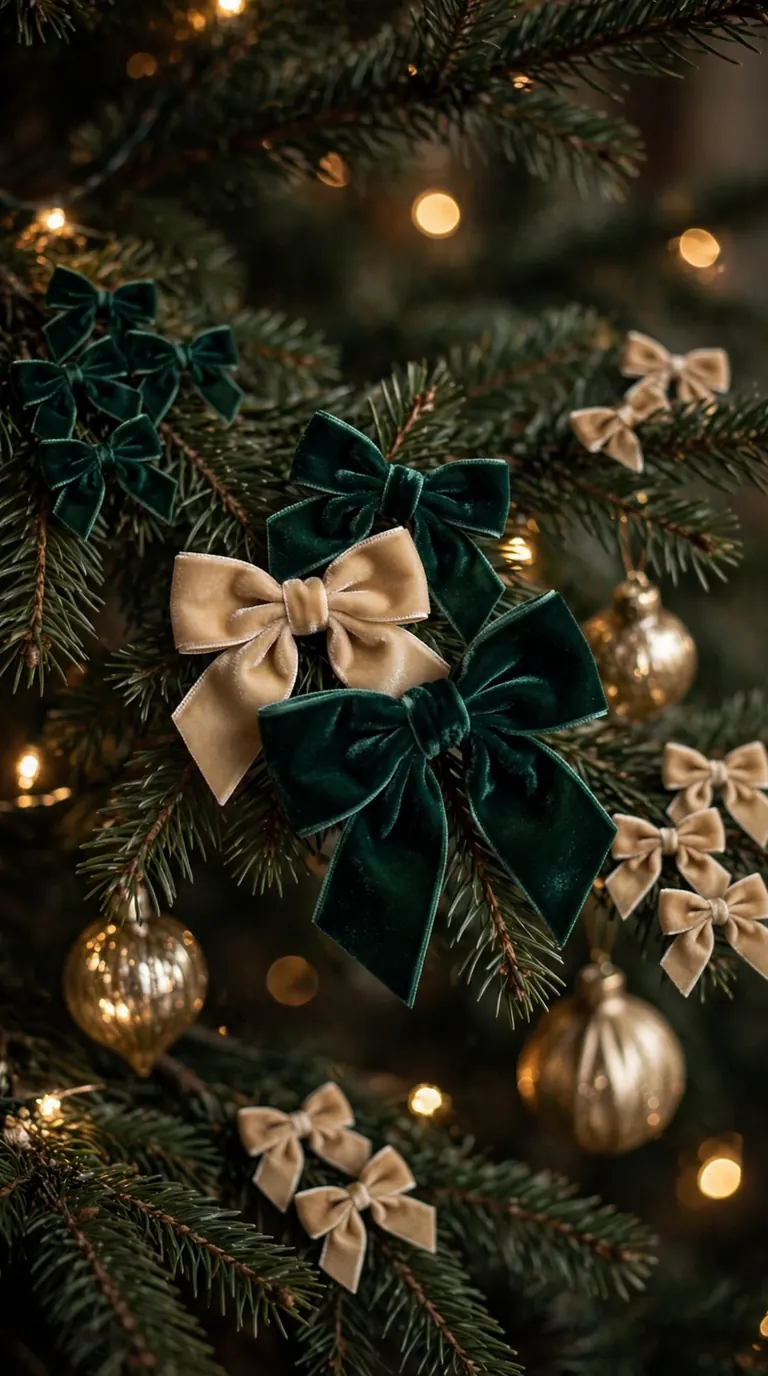 Clusters of small velvet bows in emerald and champagne on Christmas tree branches