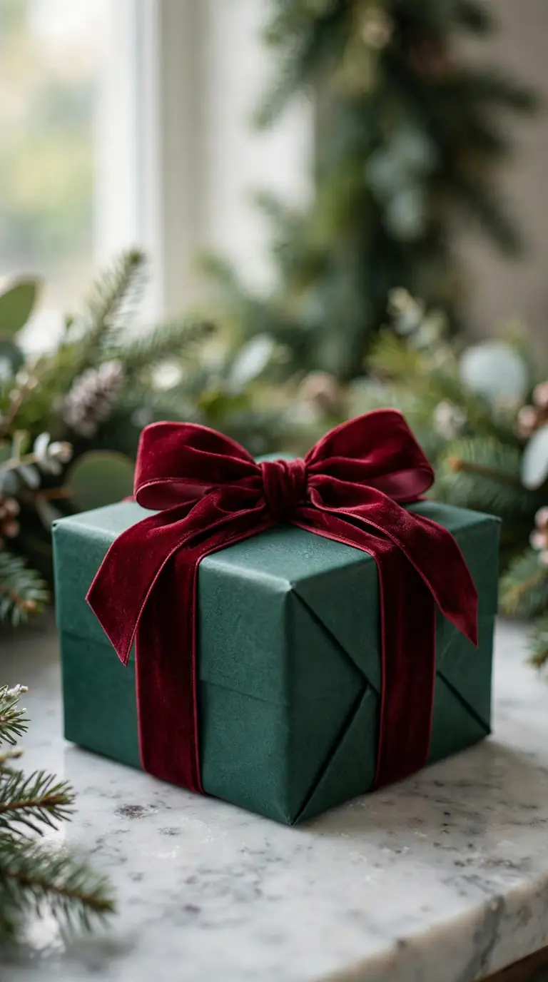 Emerald green gift box with wide burgundy velvet ribbon bow