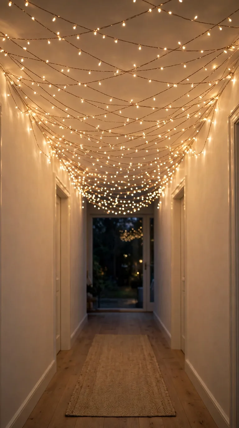 16 Christmas Hallway Decor Ideas for a Magical Holiday Welcome Warm fairy light canopy strung across a hallway ceiling for Christmas
