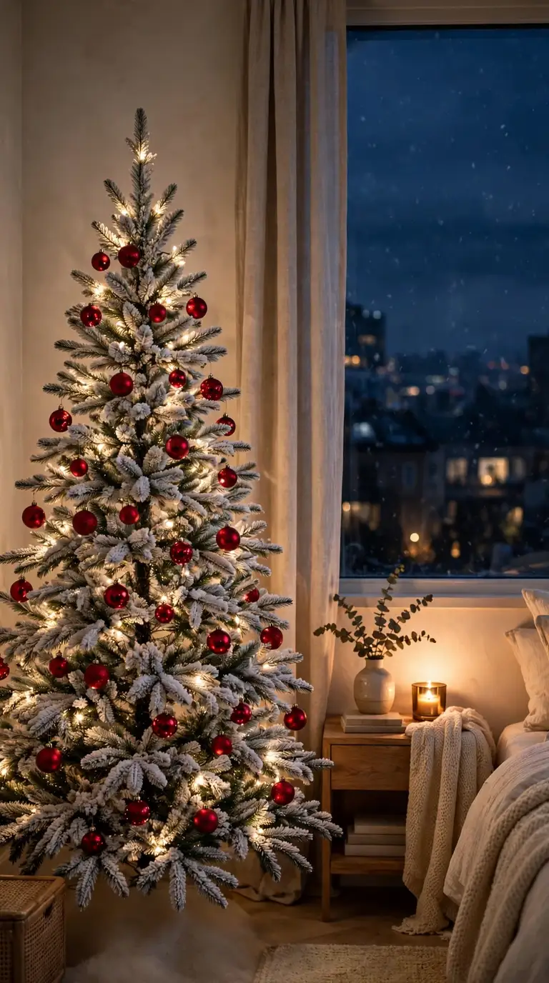 17 Christmas Bedroom Decor Ideas for a Cozy Holiday Retreat Flocked Christmas tree with warm lights in a bedroom corner