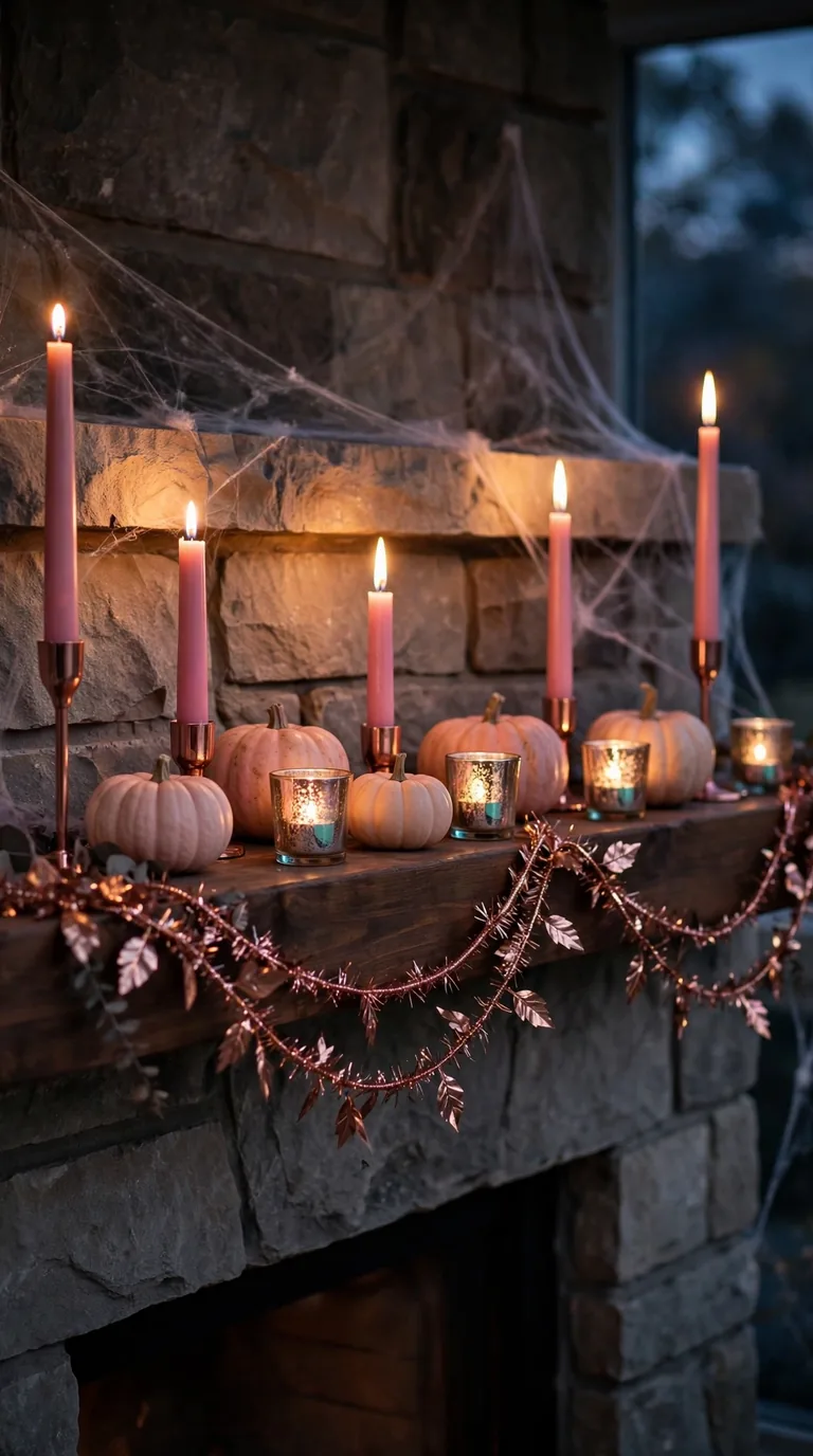 14 Pink Halloween Decor Ideas for a Spooky Pastel Look Fireplace mantel with pink Halloween decor, rose gold candle holders and glowing candles