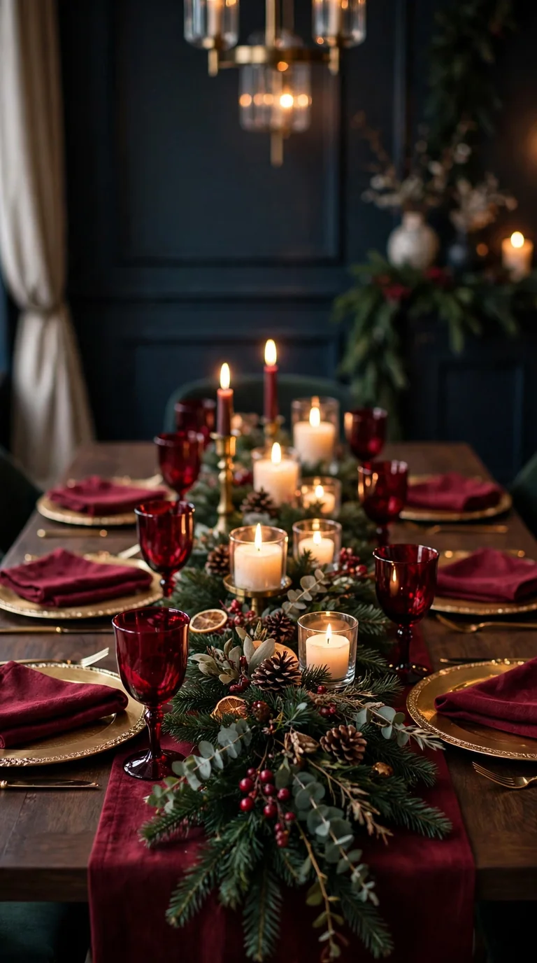 Ruby red and garnet Christmas tablescape with gold charger plates