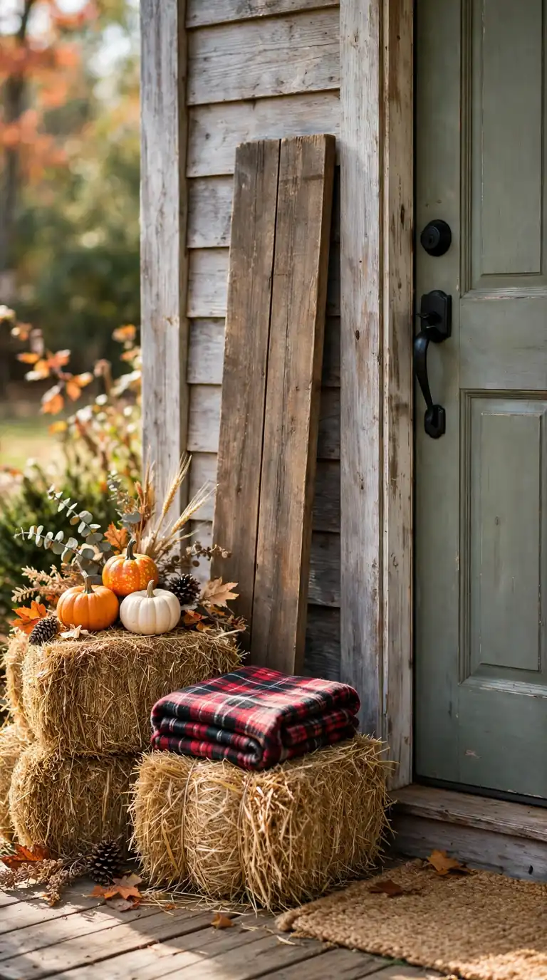 Rustic wooden welcome sign beside hay bales with pumpkins on a porch