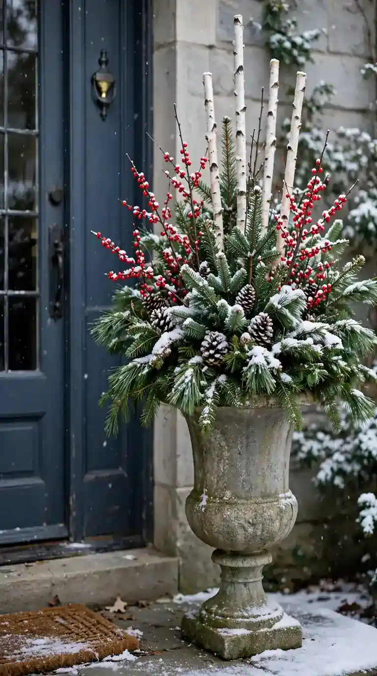 Tall winter planter with evergreens, red berries, and white birch branches