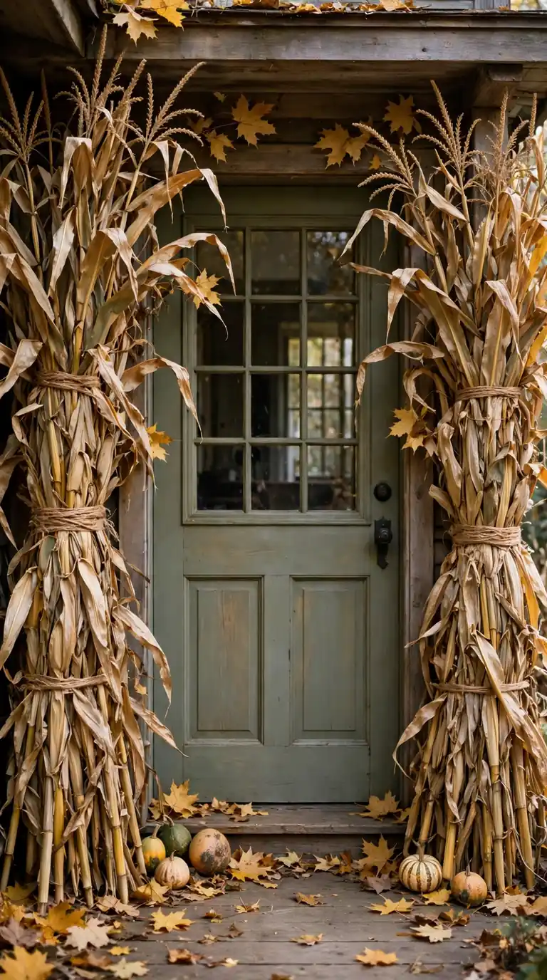 Dried cornstalk bundles tied with twine framing a front door