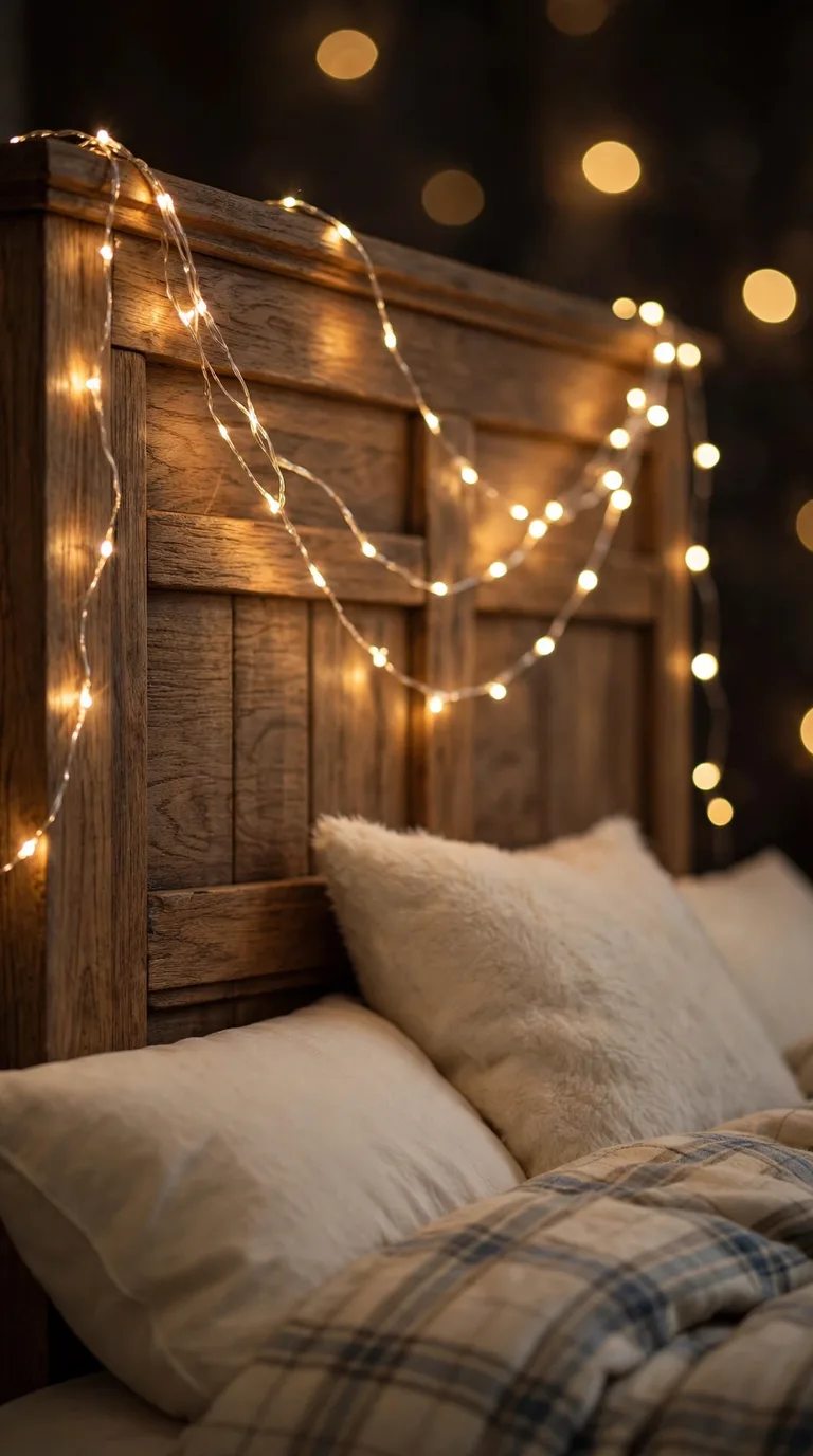 17 Christmas Bedroom Decor Ideas for a Cozy Holiday Retreat Warm fairy lights draped across a wooden headboard