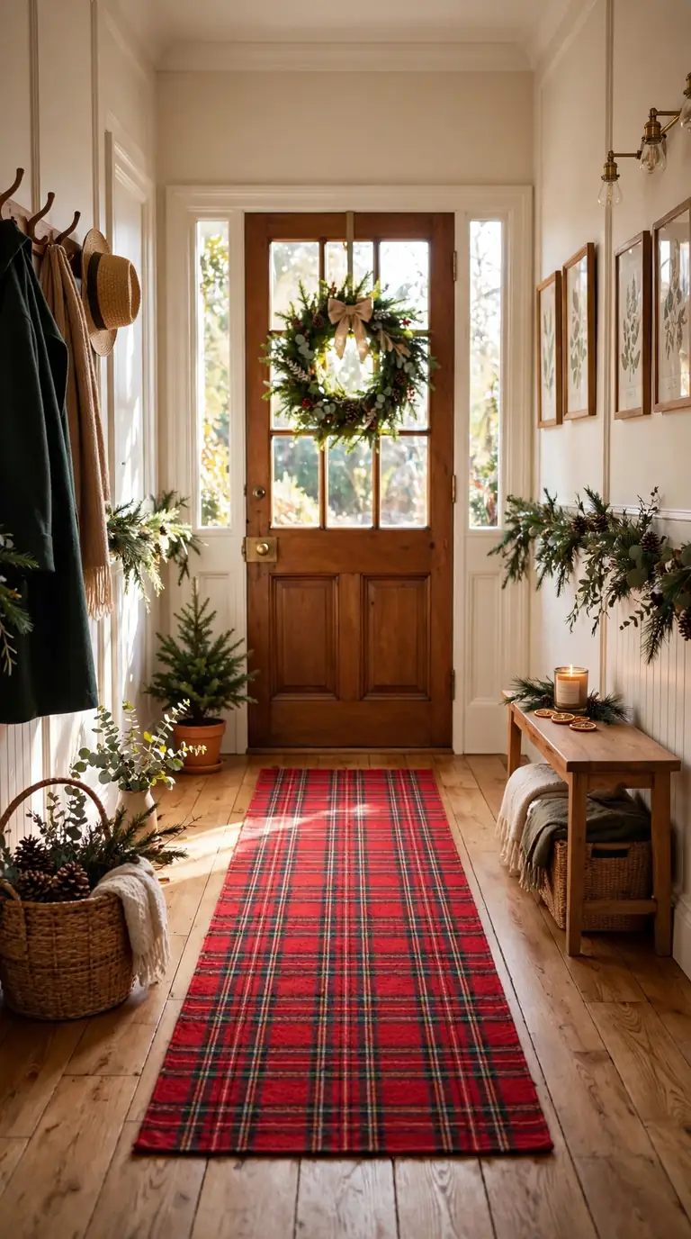 16 Christmas Hallway Decor Ideas for a Magical Holiday Welcome Red plaid festive runner rug anchoring a decorated Christmas hallway