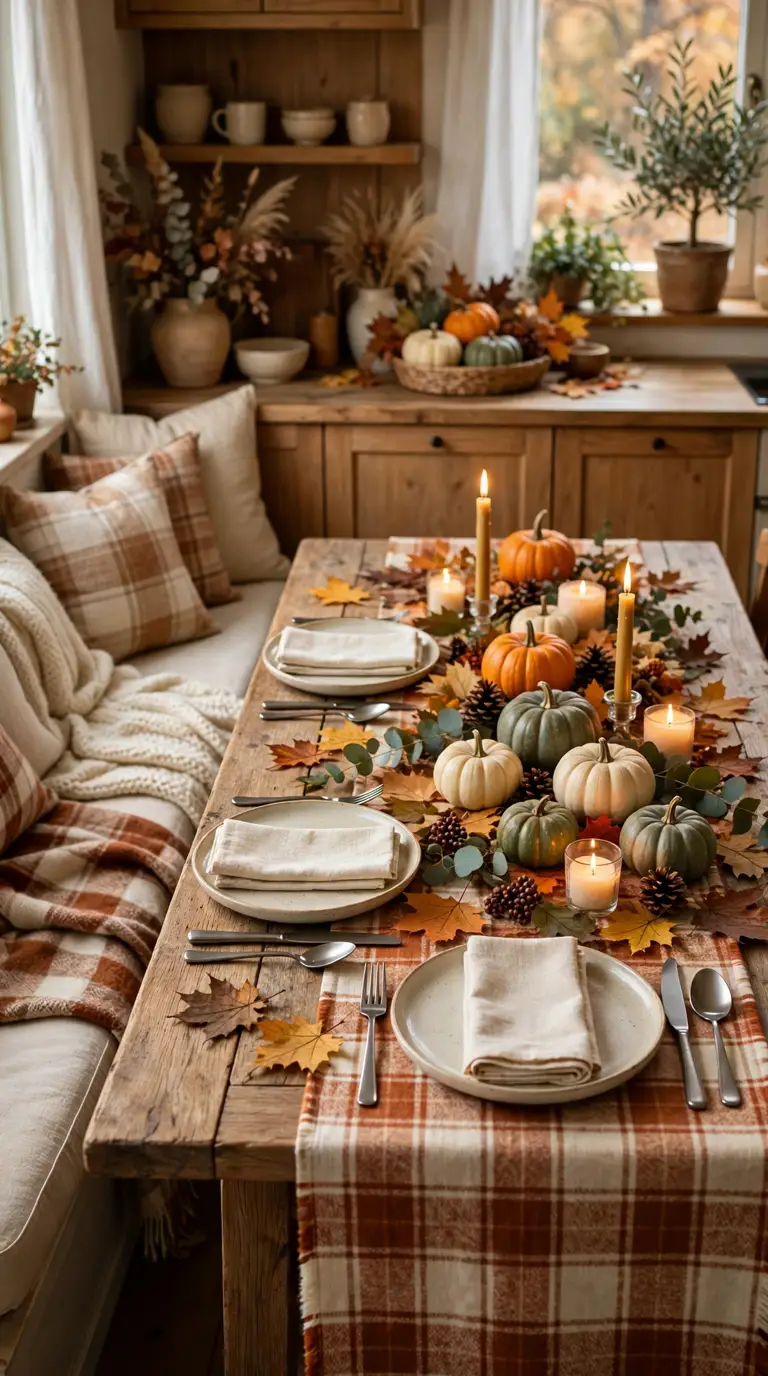 Kitchen table with a rust and cream plaid table runner, fall leaves, and small pumpkins