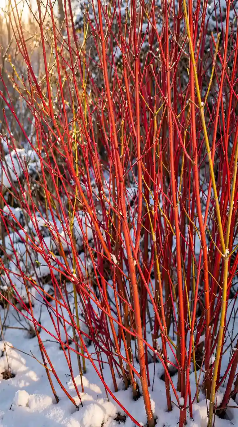 Red twig dogwood stems glowing against fresh snow in a winter garden