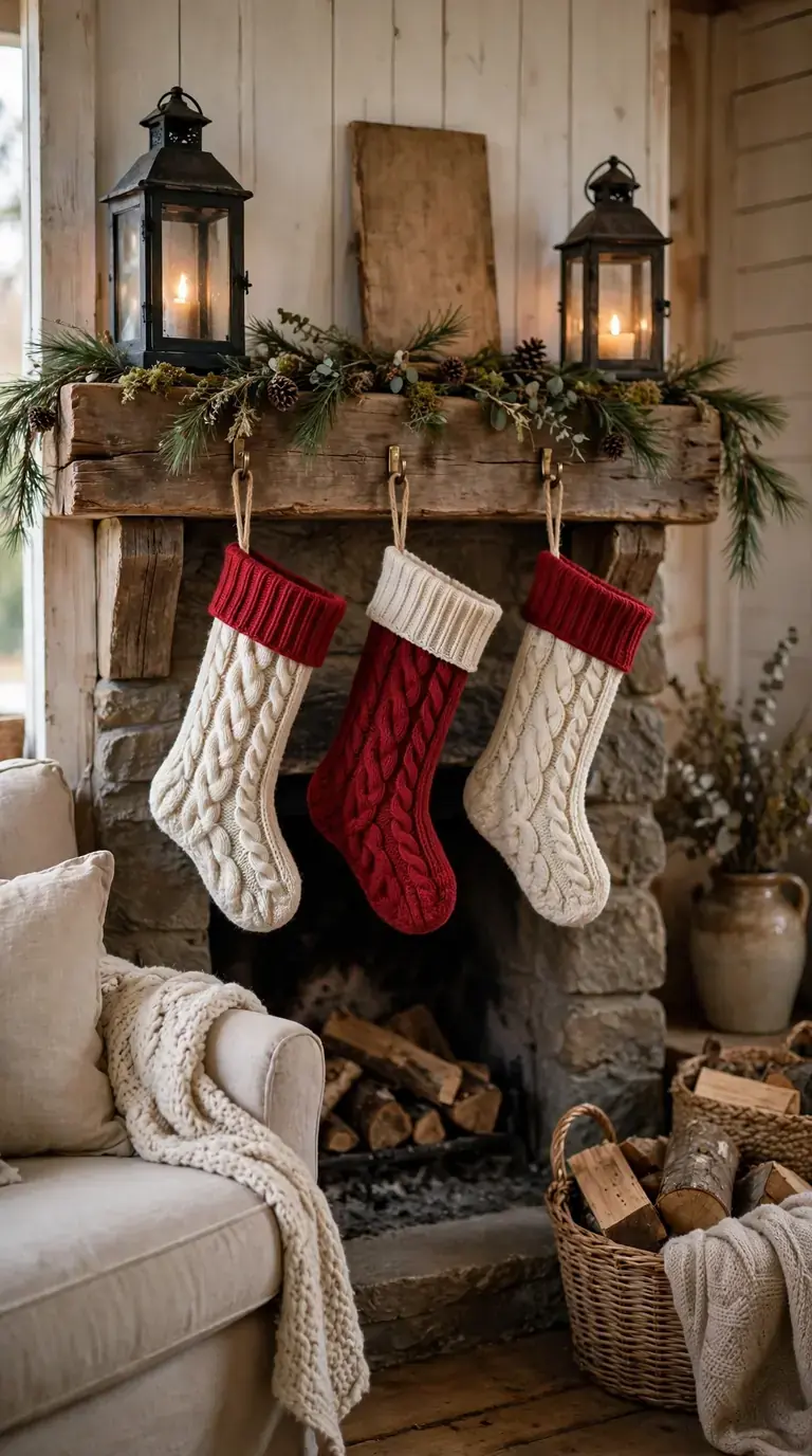 16 Christmas Mantel Decor Ideas for a Cozy Holiday Hearth Rustic farmhouse Christmas mantel with knit stockings, pine garland and lanterns on a wood beam