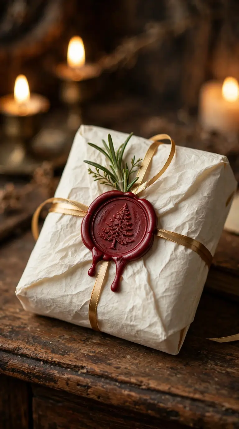 Cream paper gift with red wax seal and rosemary sprig