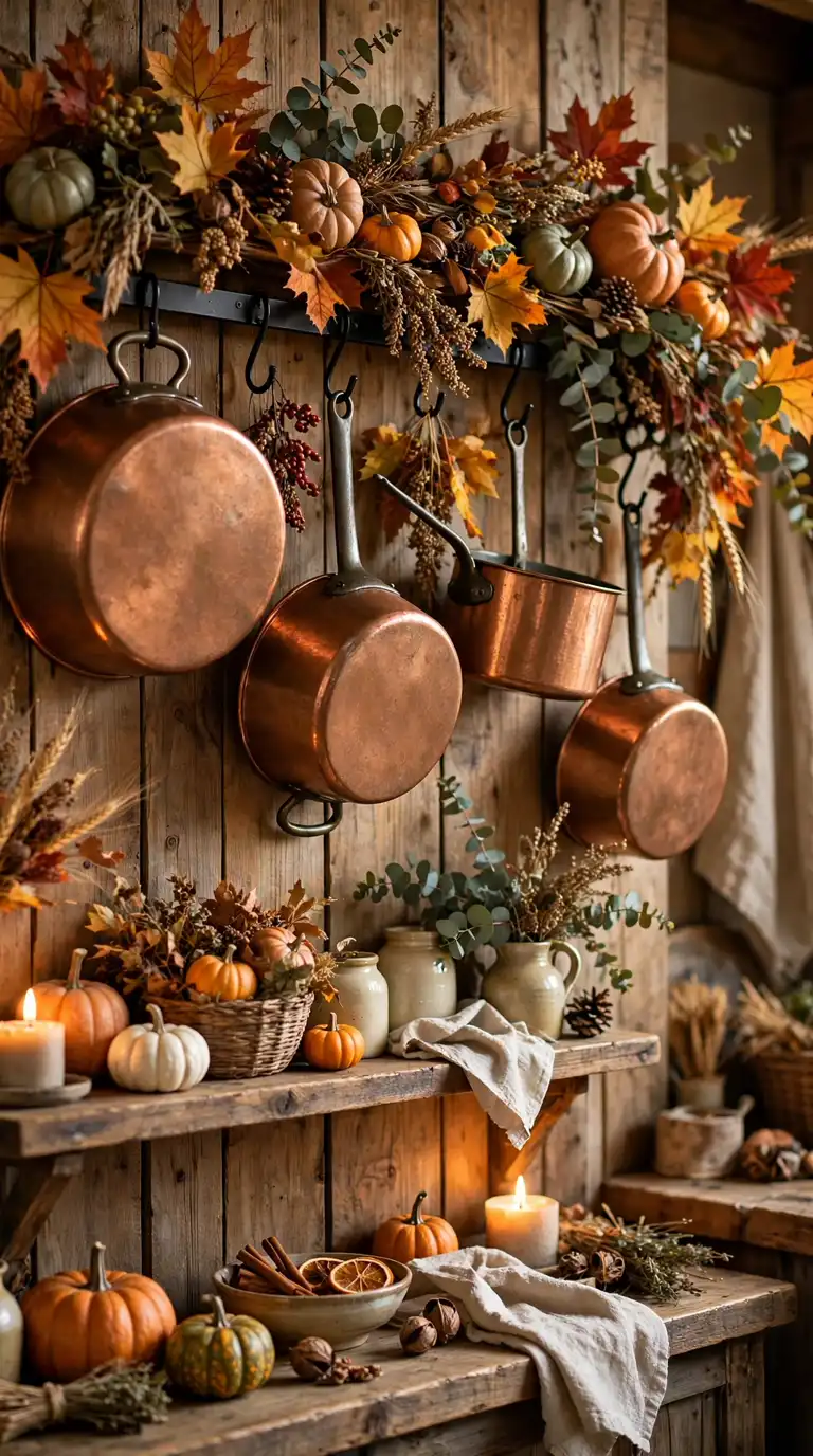 Copper pots hanging on a kitchen wall rack decorated with autumn foliage and small pumpkins