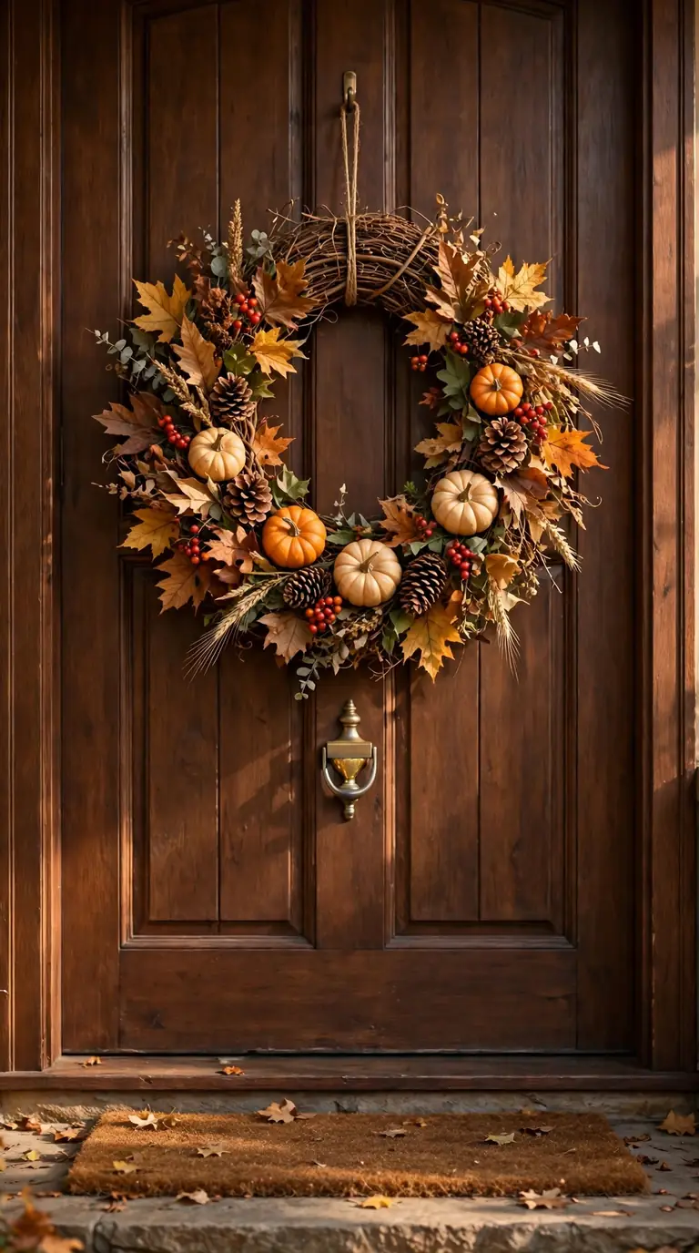 Harvest wreath with pumpkins, pinecones, and autumn leaves on a front door
