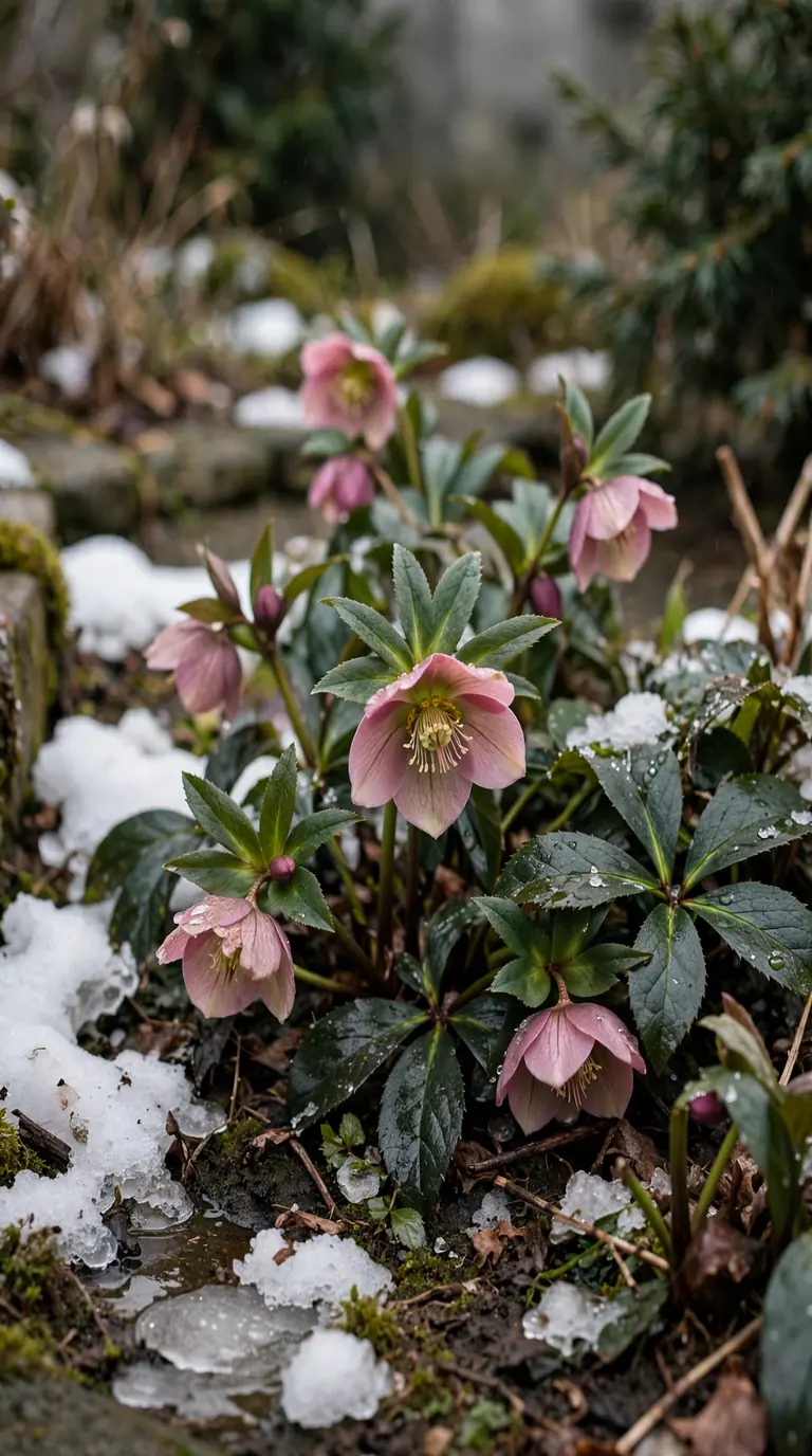 Pink hellebore flowers blooming in a sheltered winter garden bed