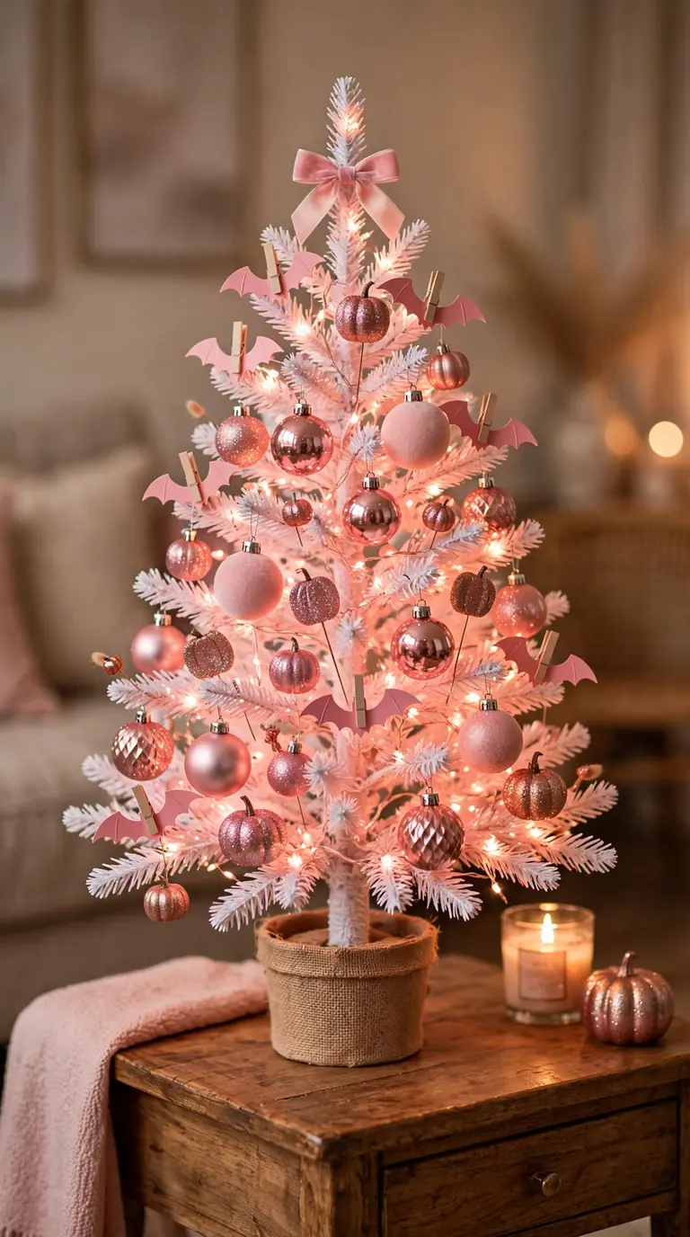 14 Pink Halloween Decor Ideas for a Spooky Pastel Look Small Halloween tree with pink fairy lights, pastel ornaments and pink paper bats in a living room