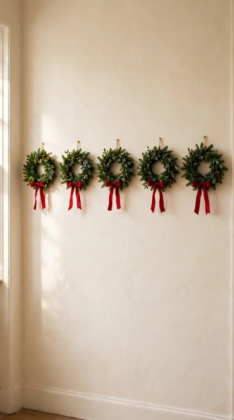 16 Christmas Hallway Decor Ideas for a Magical Holiday Welcome Row of small Christmas wreaths hung along a hallway wall