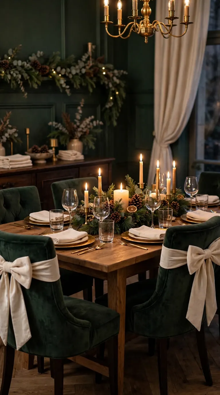 Dining chairs with cream velvet bows tied on chair backs