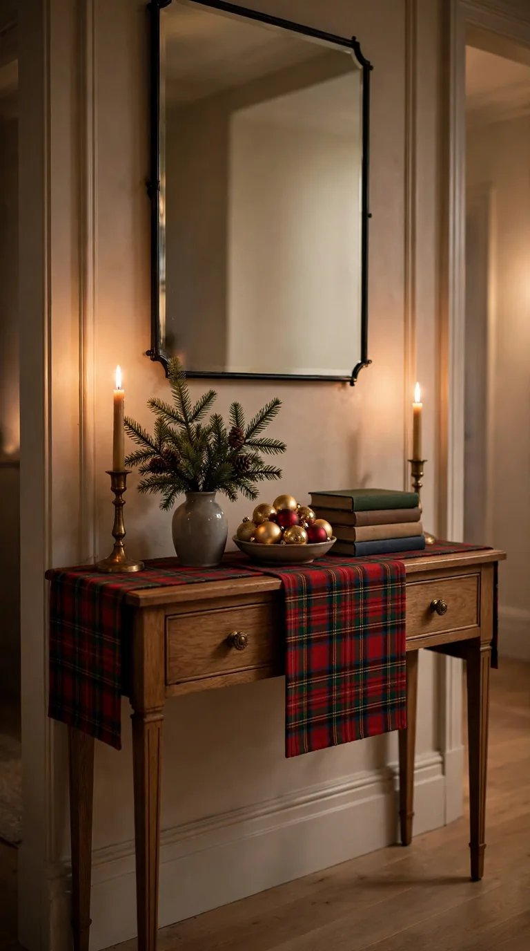 16 Christmas Hallway Decor Ideas for a Magical Holiday Welcome Hallway console table dressed with candles, fir sprigs and baubles for Christmas