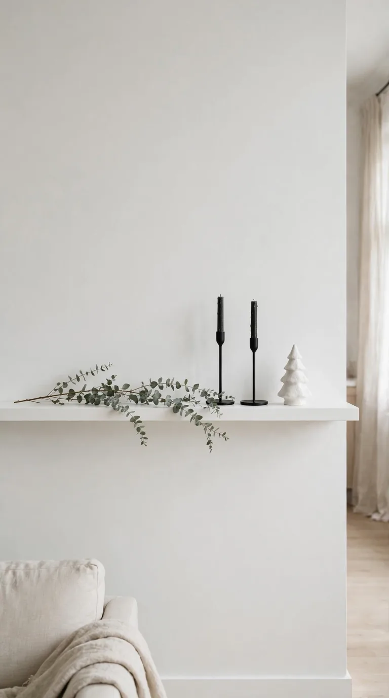 16 Christmas Mantel Decor Ideas for a Cozy Holiday Hearth Modern minimalist Christmas mantel with a sparse eucalyptus strand and simple candlesticks