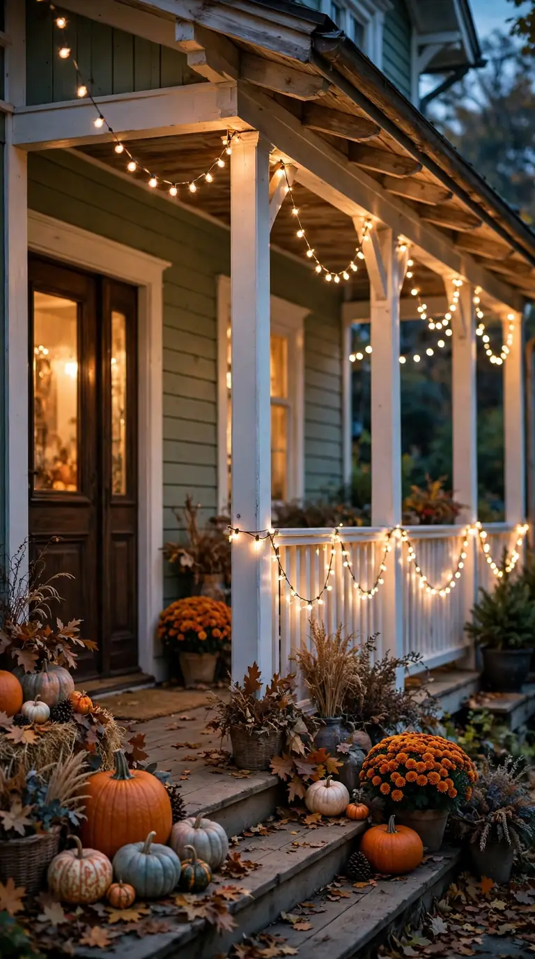 Warm string lights draped along a porch rail and eaves at dusk
